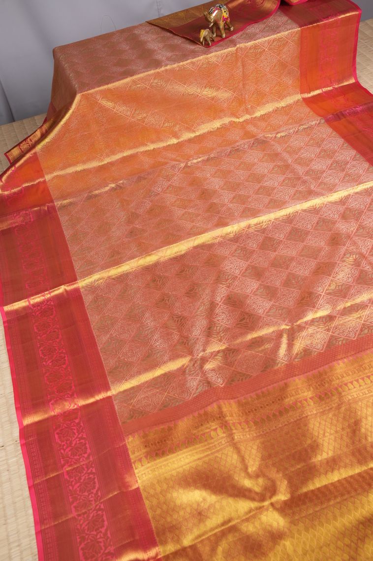Apricot Orange Kanchipuram Silk Sarees with Gold Zari Geometric Shapes view 2