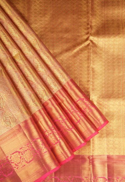 Apricot Orange Kanchipuram Silk Sarees with Gold Zari Geometric Shapes