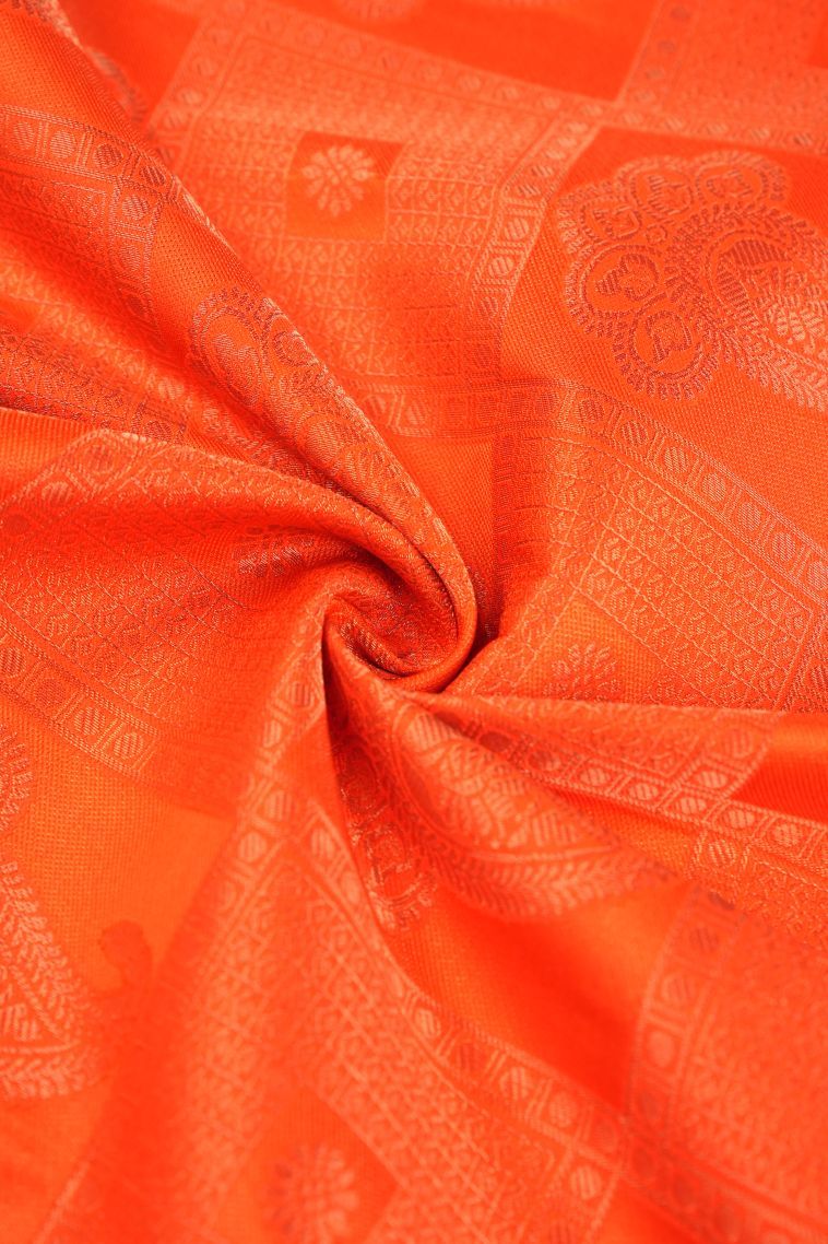 Tiger Orange Visiri Madippu Silk Sarees with Copper Zari Floral Patterns view 4
