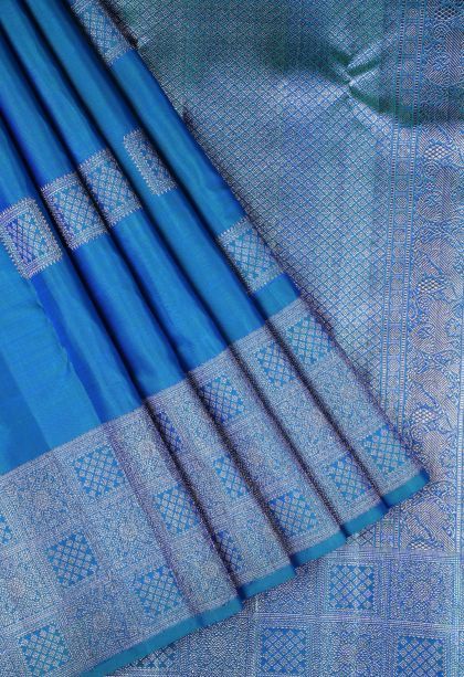 Peacock Blue Kanchipuram Silk Sarees with Silver Zari Buttis (small Dots Or Motifs)