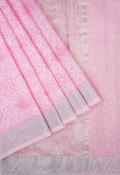Blush Pink Organza Saree with Without Zari Zari Floral Patterns