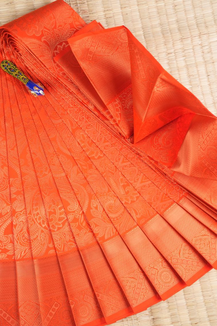 Tiger Orange Visiri Madippu Silk Sarees with Copper Zari Floral Patterns view 1