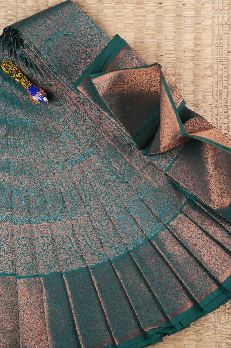 Cerulean Blue Visiri Madippu Silk Sarees with Copper Zari Floral Patterns view 1