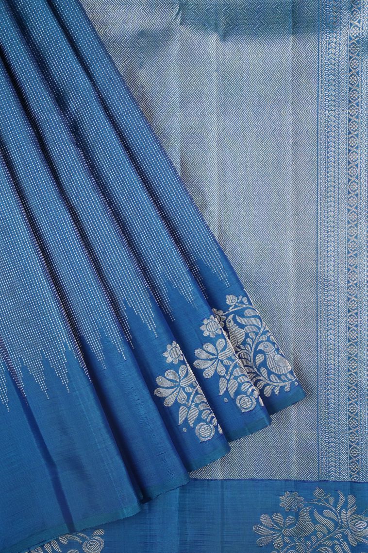 Peacock Blue Kanchipuram Silk Sarees with Gold Zari Stripes view 1