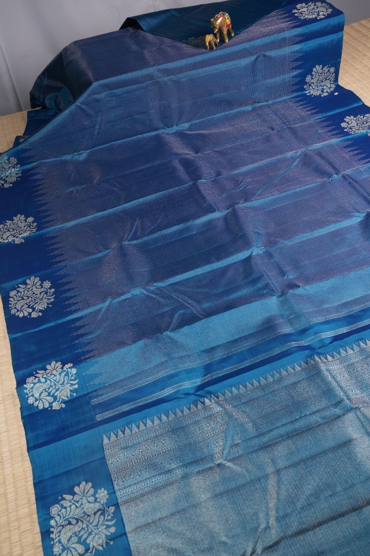 Peacock Blue Kanchipuram Silk Sarees with Gold Zari Stripes view 2