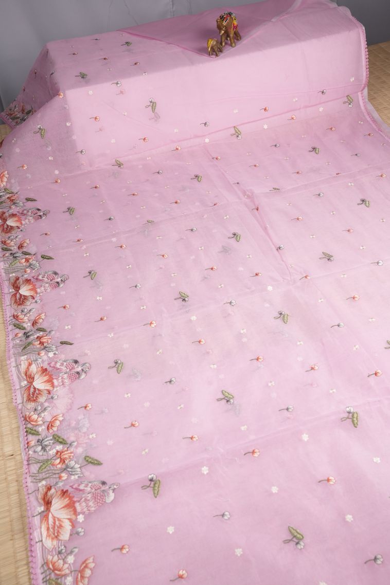 Blush Pink Organza Saree with Without Zari Zari Buttis (small Dots Or Motifs) view 2