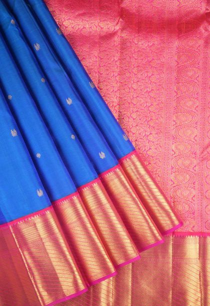 Peacock Blue Kanchipuram Silk Sarees with Gold Zari Buttis (small Dots Or Motifs)