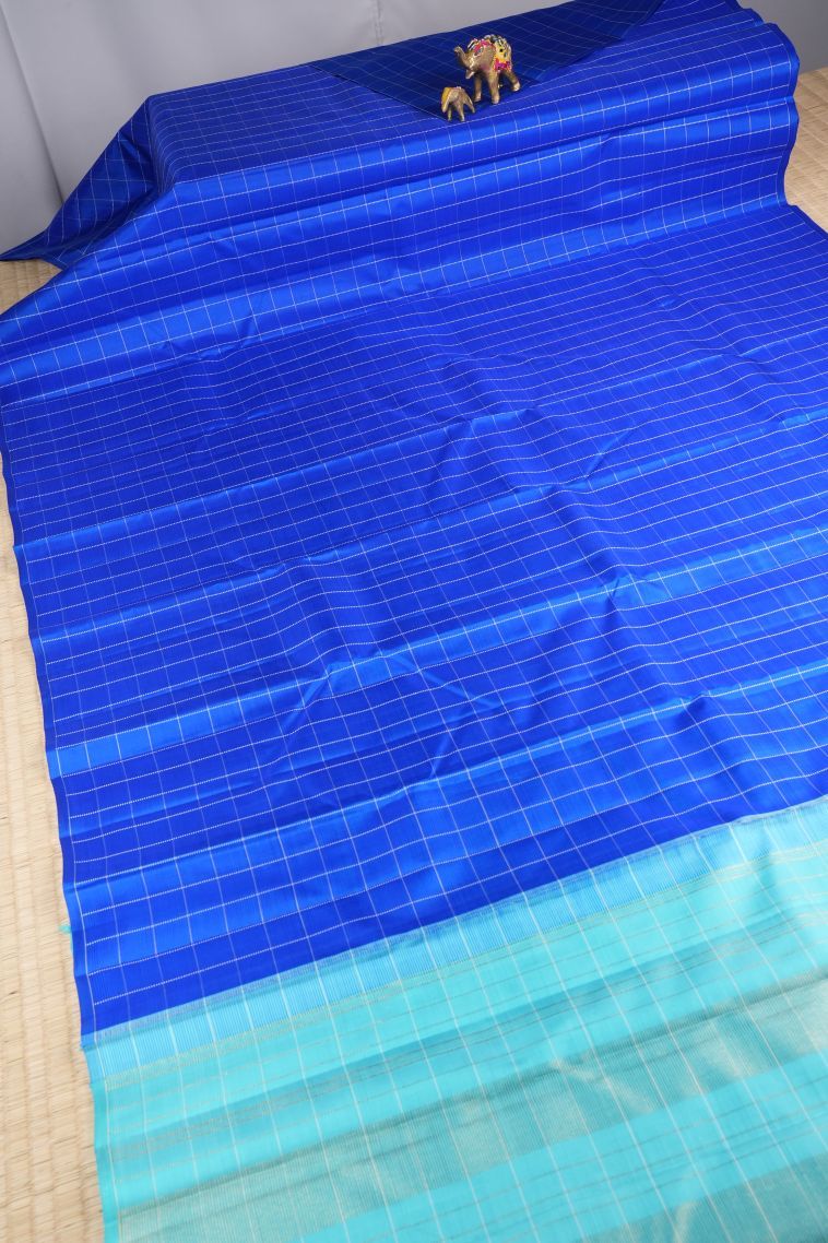 Cobalt Blue Kanchipuram Silk Sarees with Without Zari Zari Checks view 2