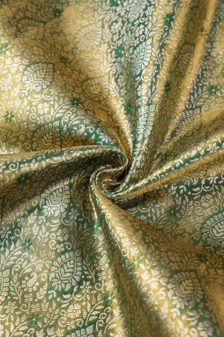 Emerald Green Kanchipuram Silk Sarees with Gold Zari Floral Patterns view 4