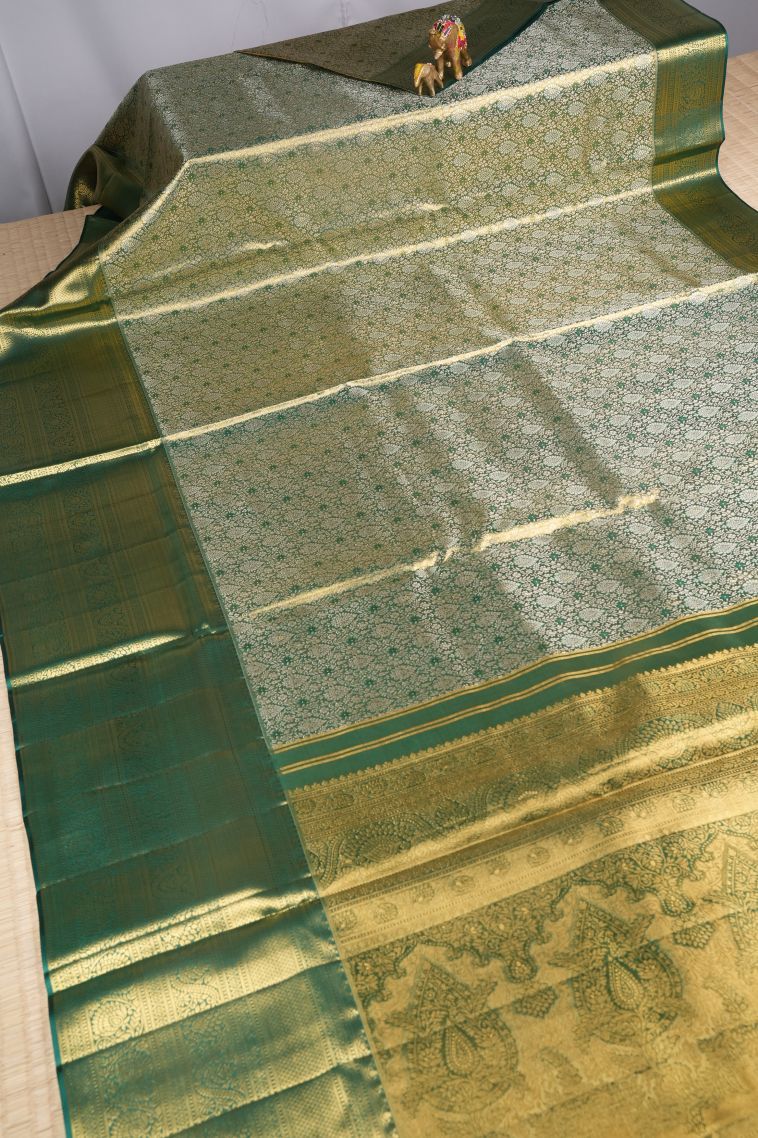 Emerald Green Kanchipuram Silk Sarees with Gold Zari Floral Patterns view 2