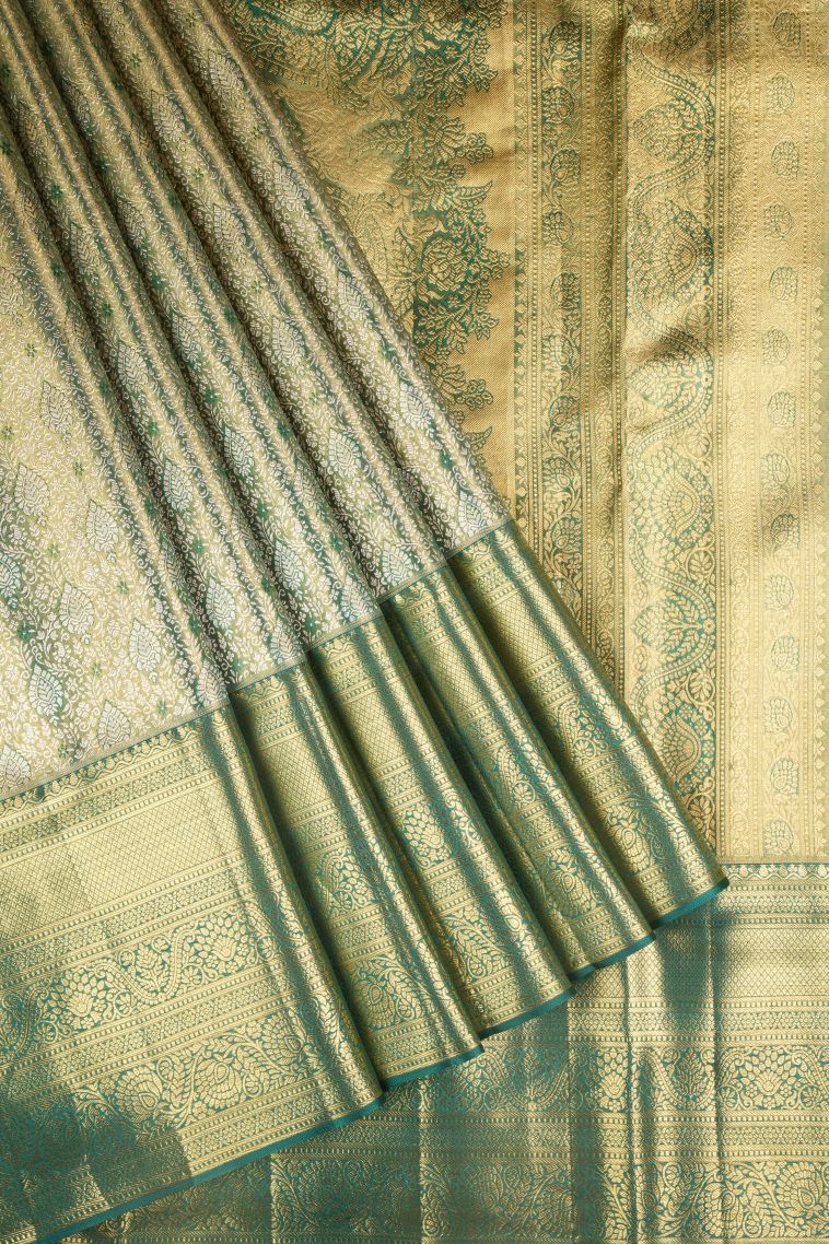Emerald Green Kanchipuram Silk Sarees with Gold Zari Floral Patterns view 1