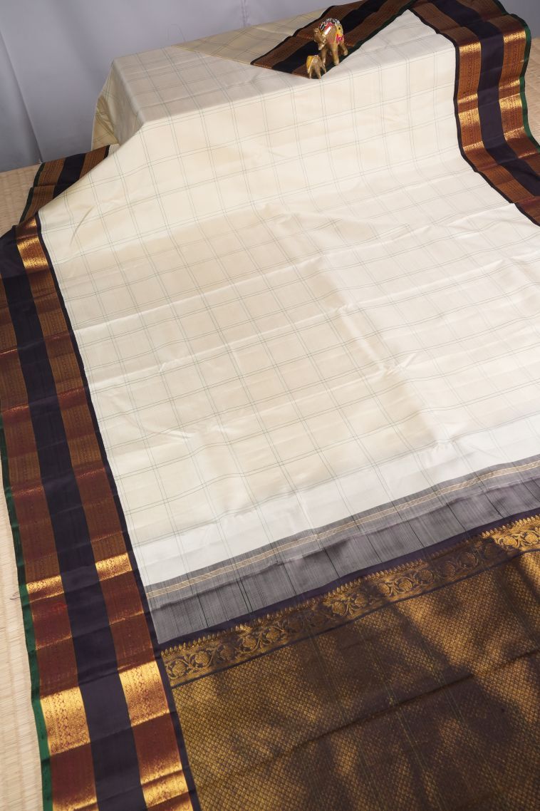 Cream White Kanchipuram Silk Sarees with Without Zari Zari Checks view 2