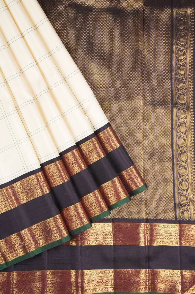 Cream White Kanchipuram Silk Sarees with Without Zari Zari Checks view 1