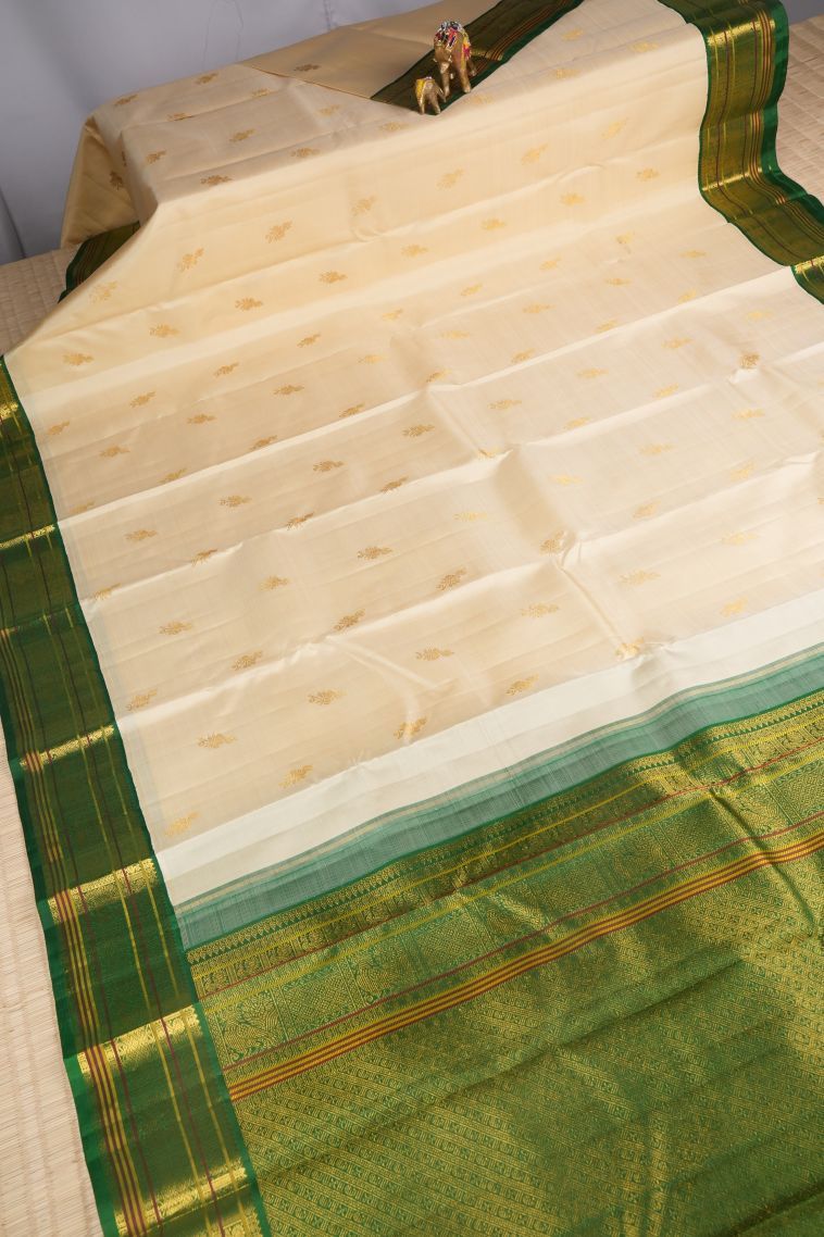 Cream White Kanchipuram Silk Sarees with Gold Zari Buttis (small Dots Or Motifs) view 2