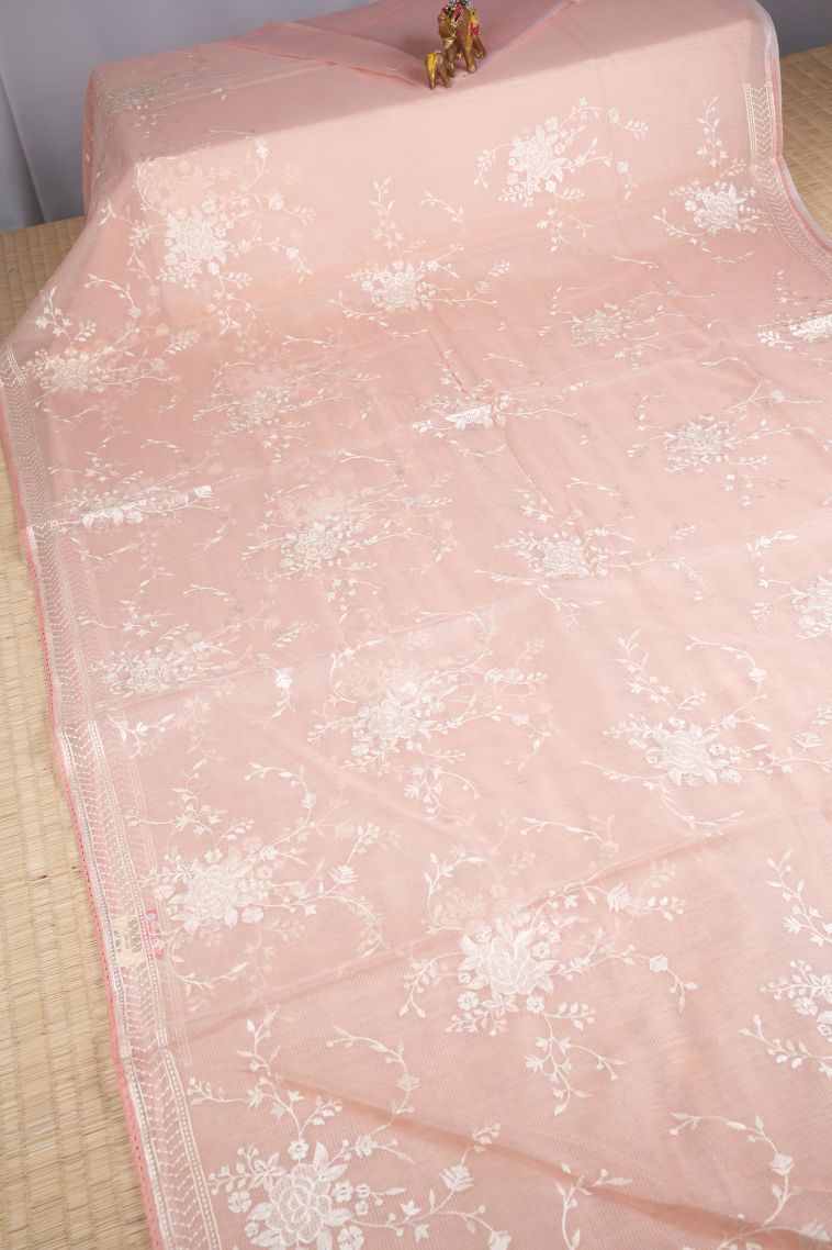 Peach Pink Organza Saree with Without Zari Zari Floral Patterns view 2