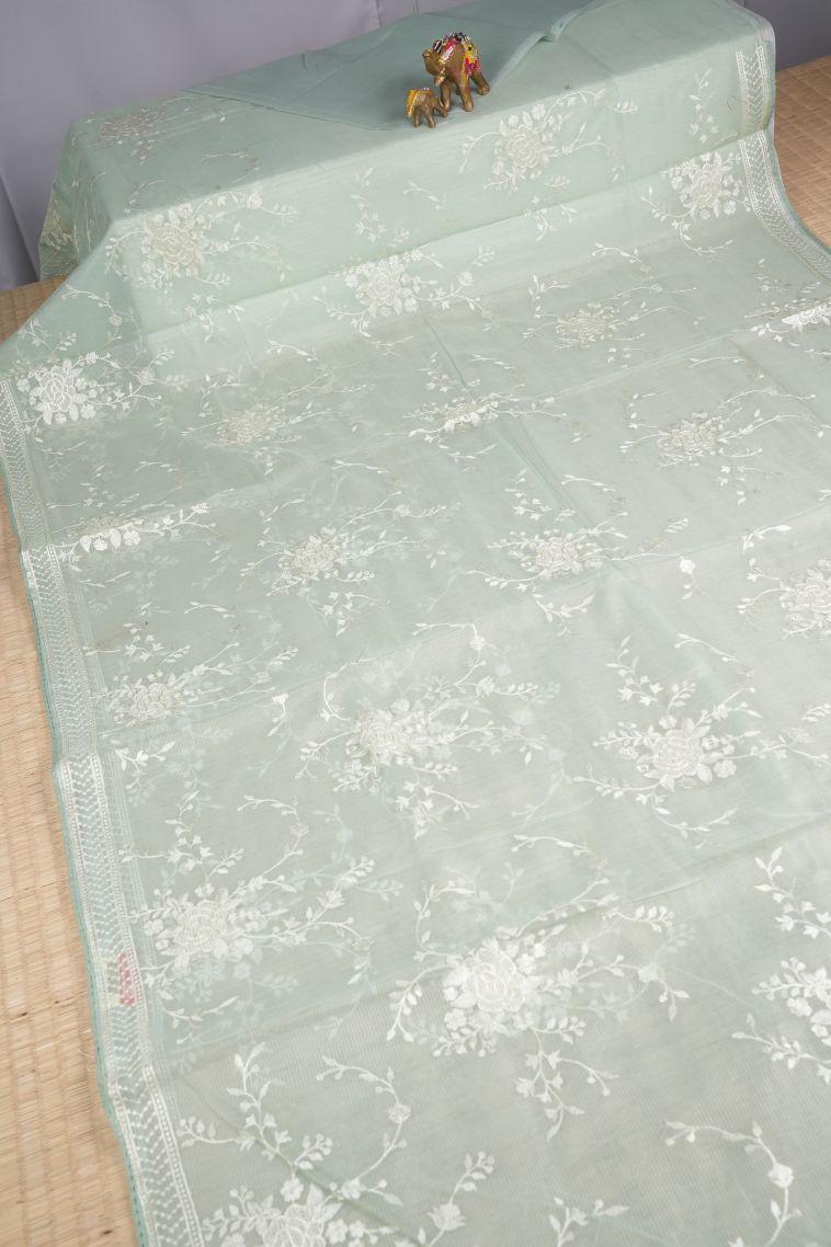 Pistachio Green Organza Saree with Without Zari Zari Floral Patterns view 2