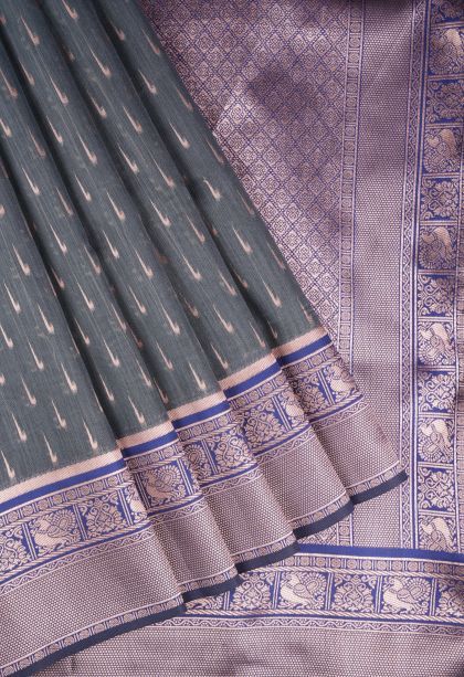Gray Black Tussar Saree with Copper Zari Stripes