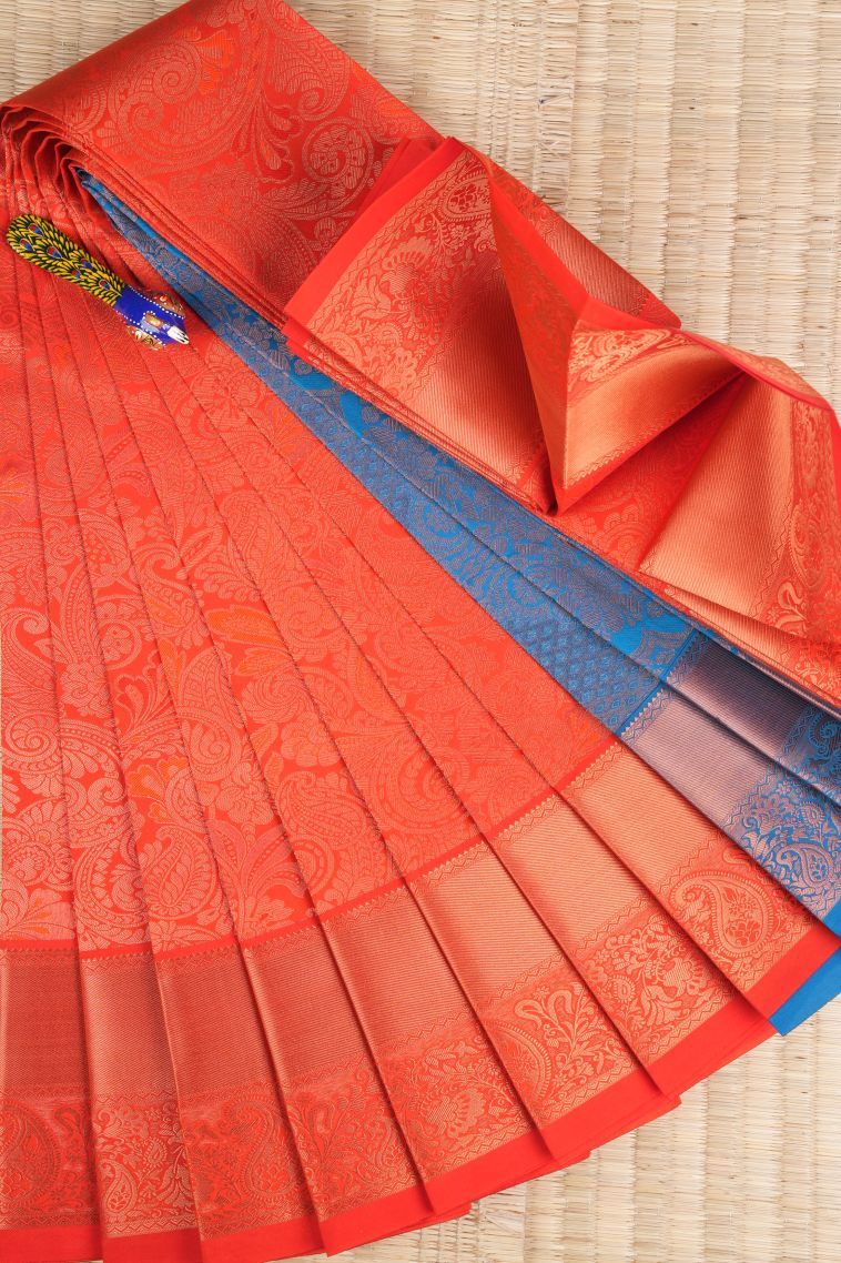 Tiger Orange Visiri Madippu Silk Sarees with Copper Zari Floral Patterns view 1