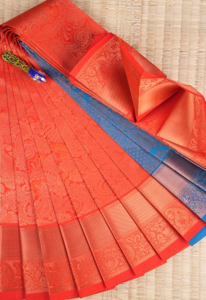 Tiger Orange Visiri Madippu Silk Sarees with Copper Zari Floral Patterns