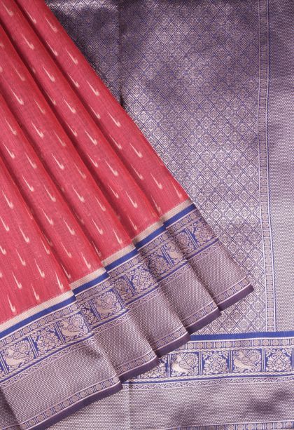 Dawn Red Tussar Saree with Copper Zari Stripes
