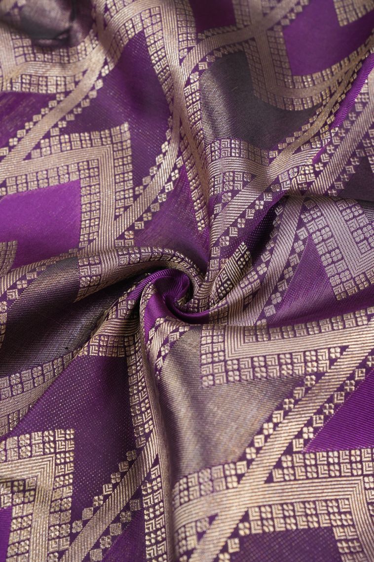 Bosenberry Purple Kanchipuram Silk Sarees with Gold Zari Geometric Shapes view 4