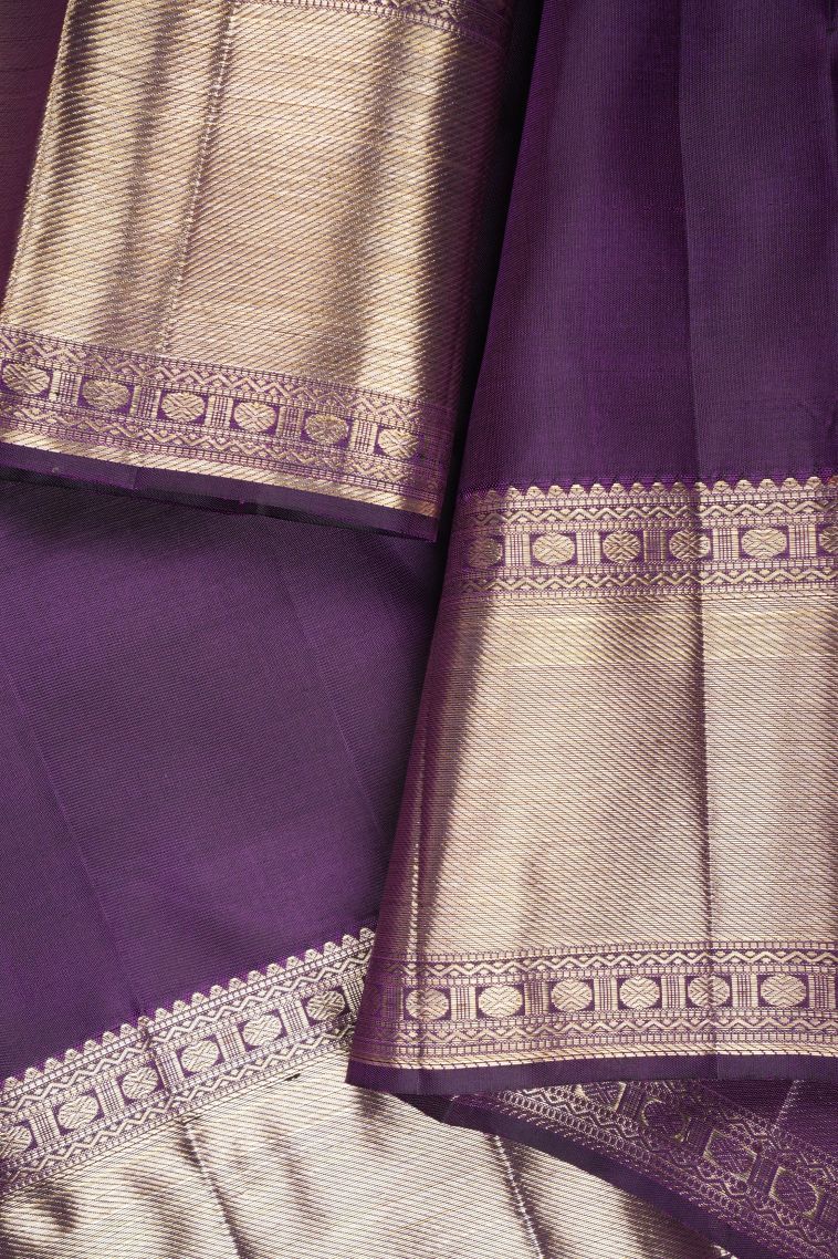 Bosenberry Purple Kanchipuram Silk Sarees with Gold Zari Geometric Shapes view 3