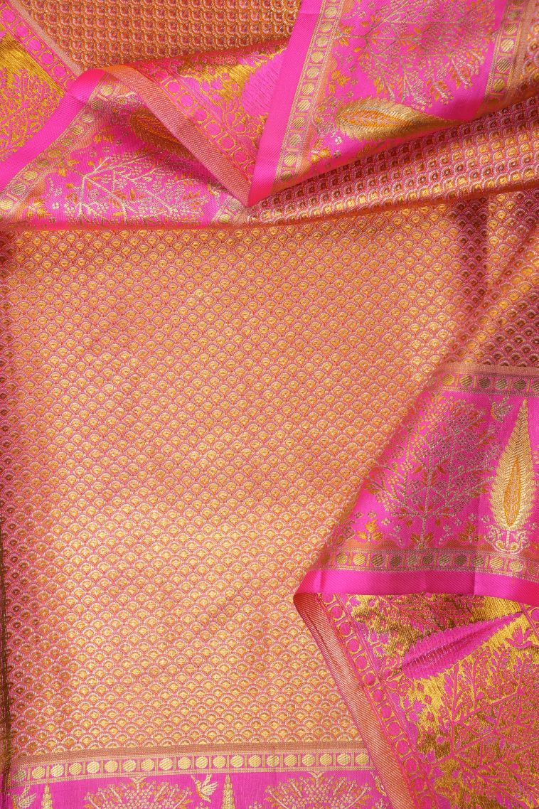 Merigold Orange Kanchipuram Silk Sarees with Gold Zari Floral Patterns view 3