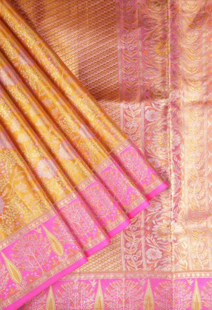 Merigold Orange Kanchipuram Silk Sarees with Gold Zari Floral Patterns