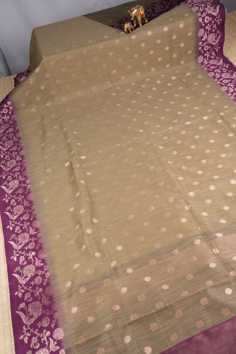 Cream White Tussar Saree with Copper Zari Buttis (small Dots Or Motifs) view 2