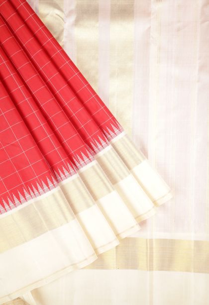 Rose  Red Kanchipuram Silk Sarees with Without Zari Zari Checks