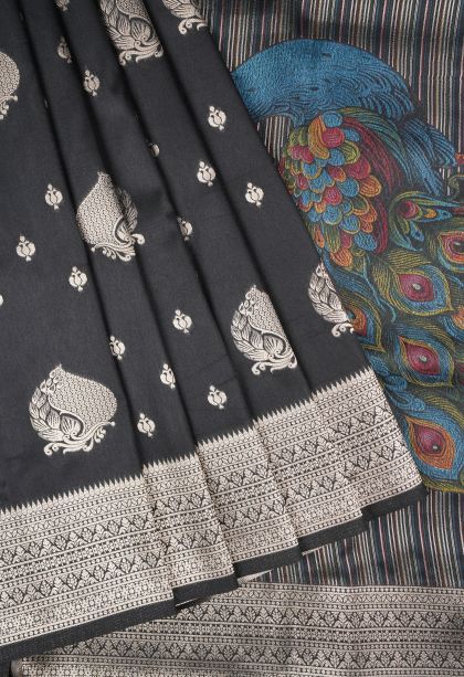 Asphalt Black Banaras Sarees with Copper Zari Buttis (small Dots Or Motifs)