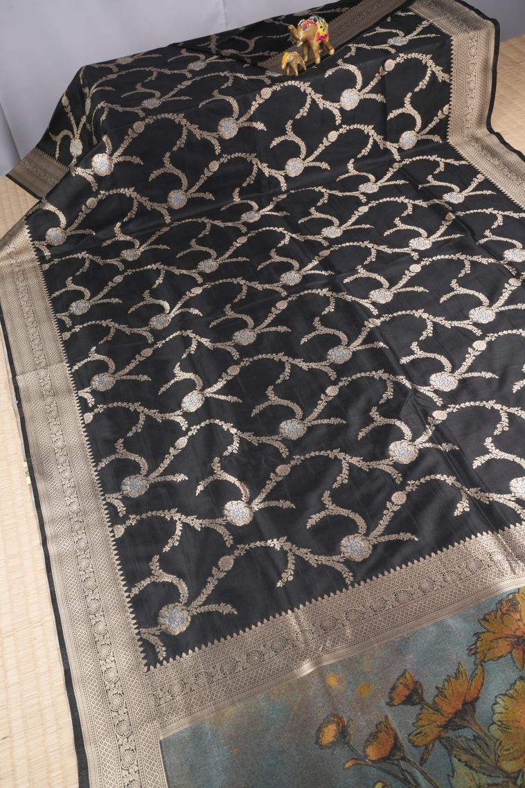 Asphalt Black Banaras Sarees with Copper Zari Floral Patterns view 2