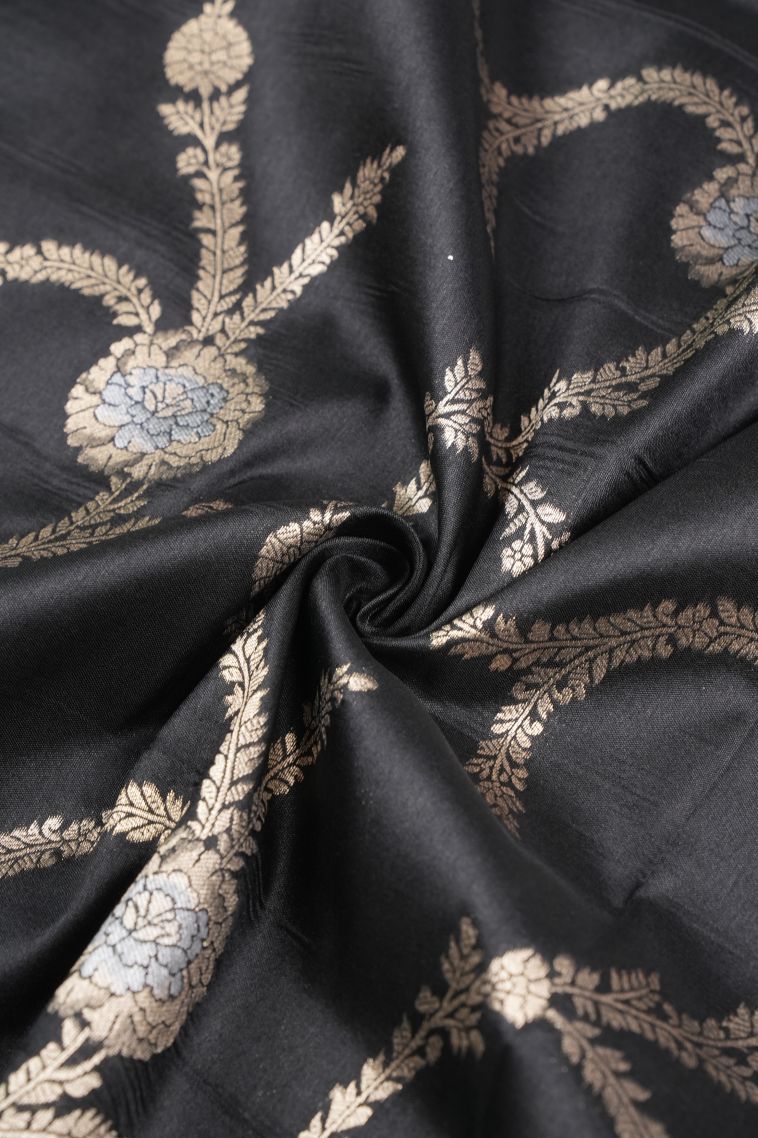 Asphalt Black Banaras Sarees with Copper Zari Floral Patterns view 4