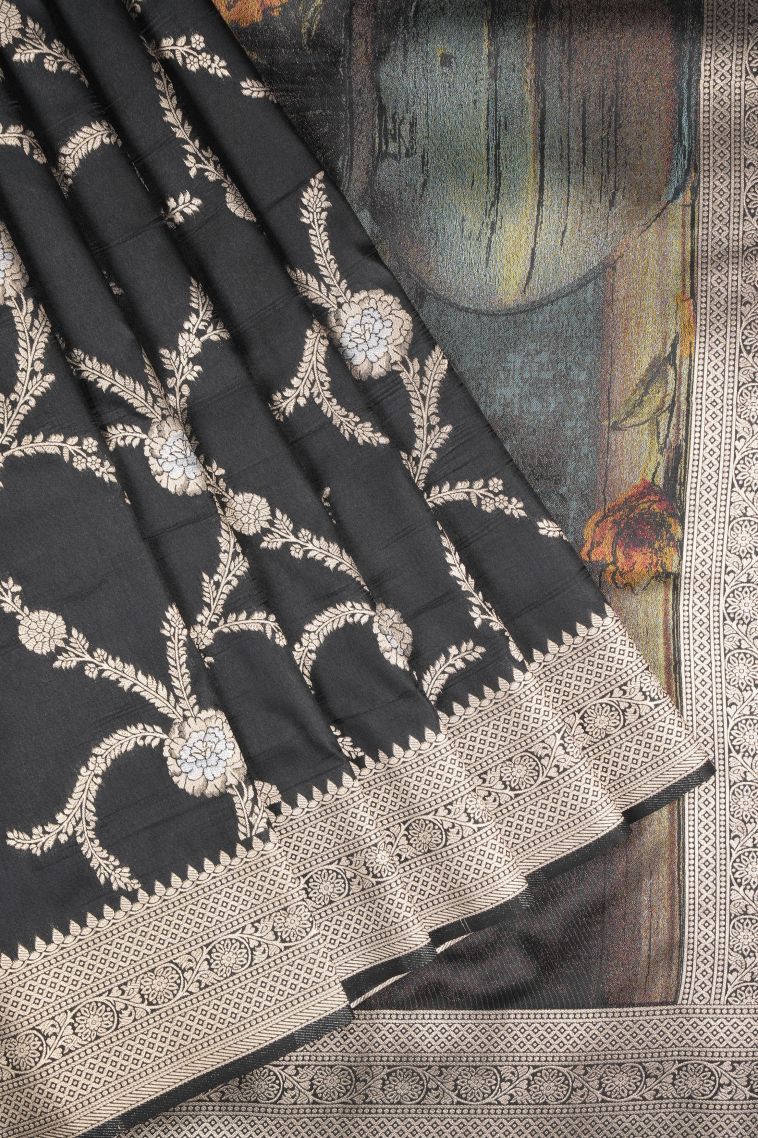 Asphalt Black Banaras Sarees with Copper Zari Floral Patterns view 1