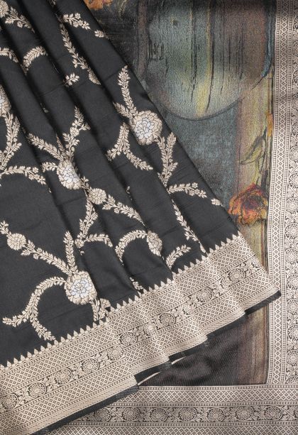 Asphalt Black Banaras Sarees with Copper Zari Floral Patterns