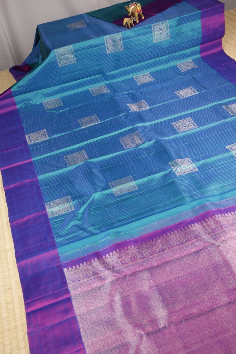 Ocean Blue Kanchipuram Silk Sarees with Gold Zari Stripes view 2