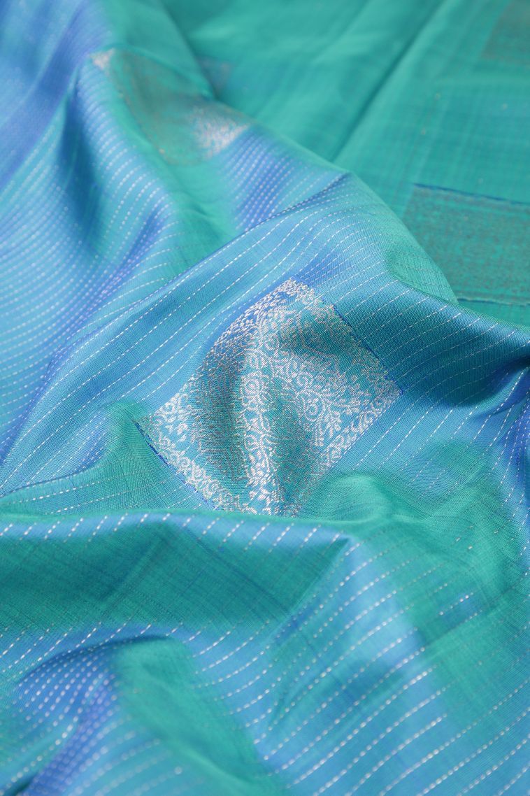 Ocean Blue Kanchipuram Silk Sarees with Gold Zari Stripes view 4
