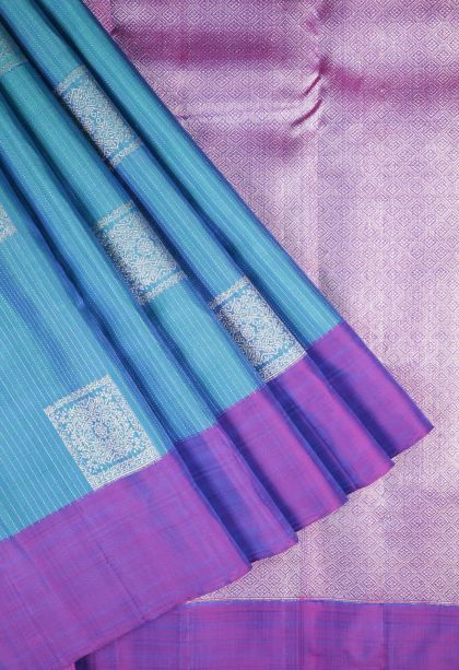 Ocean Blue Kanchipuram Silk Sarees with Gold Zari Stripes
