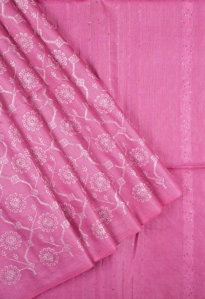 Bubblegum Pink Tussar Saree with Without Zari Zari Floral Patterns