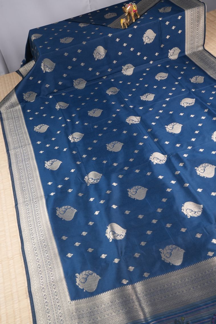 Aegean Blue Banaras Sarees with Copper Zari Buttis (small Dots Or Motifs) view 2