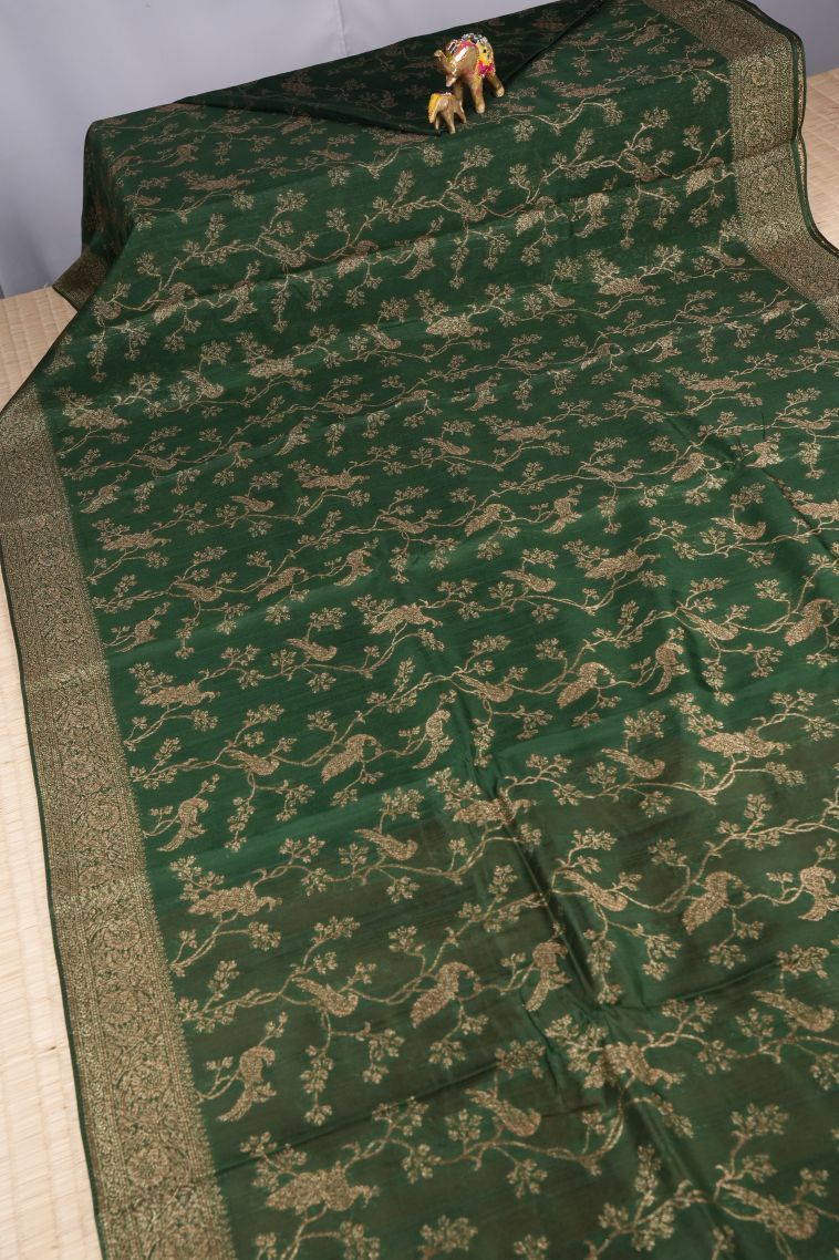Basil Green Banaras Sarees with Copper Zari Floral Patterns view 2