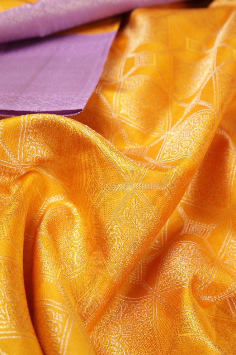 Gold Kanchipuram Silk Sarees with Silver Zari Checks view 4