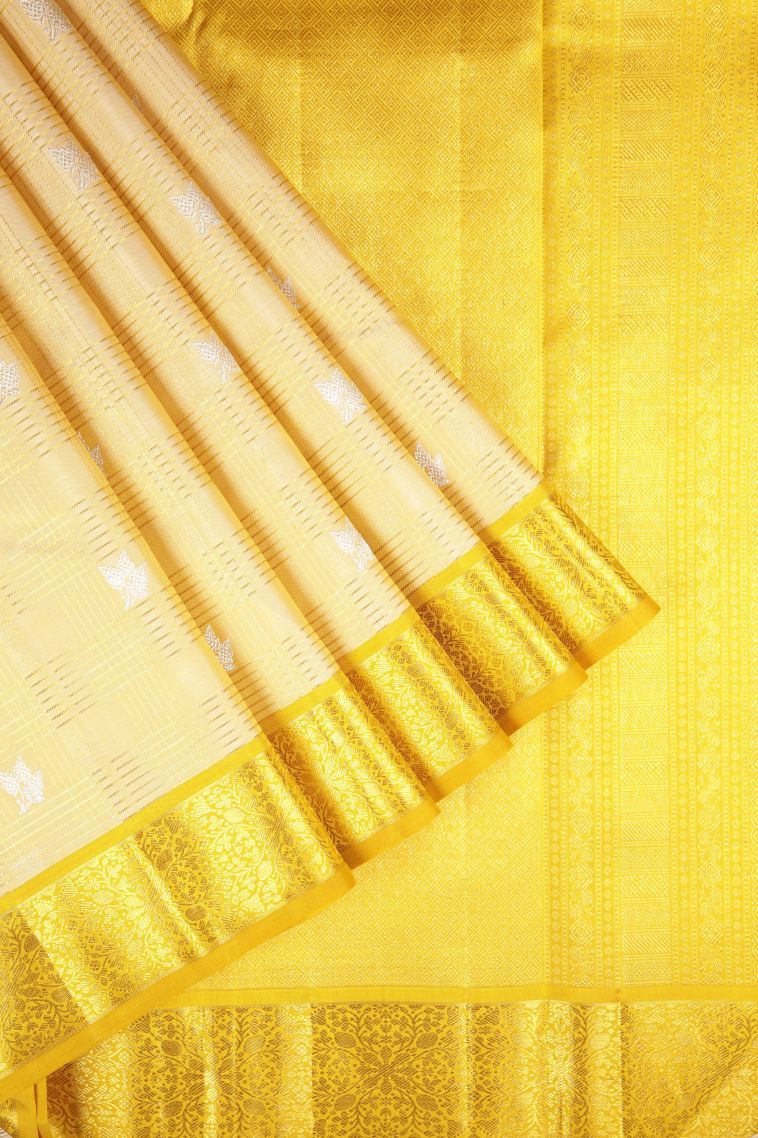 Cream White Kanchipuram Silk Sarees with Gold Zari Checks view 1