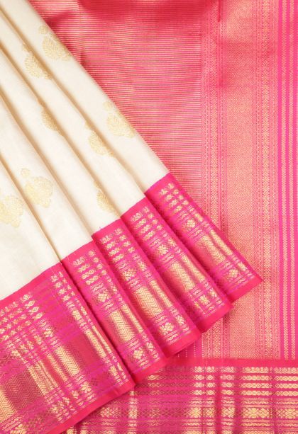 Cream White Kanchipuram Silk Sarees with Gold Zari Stripes