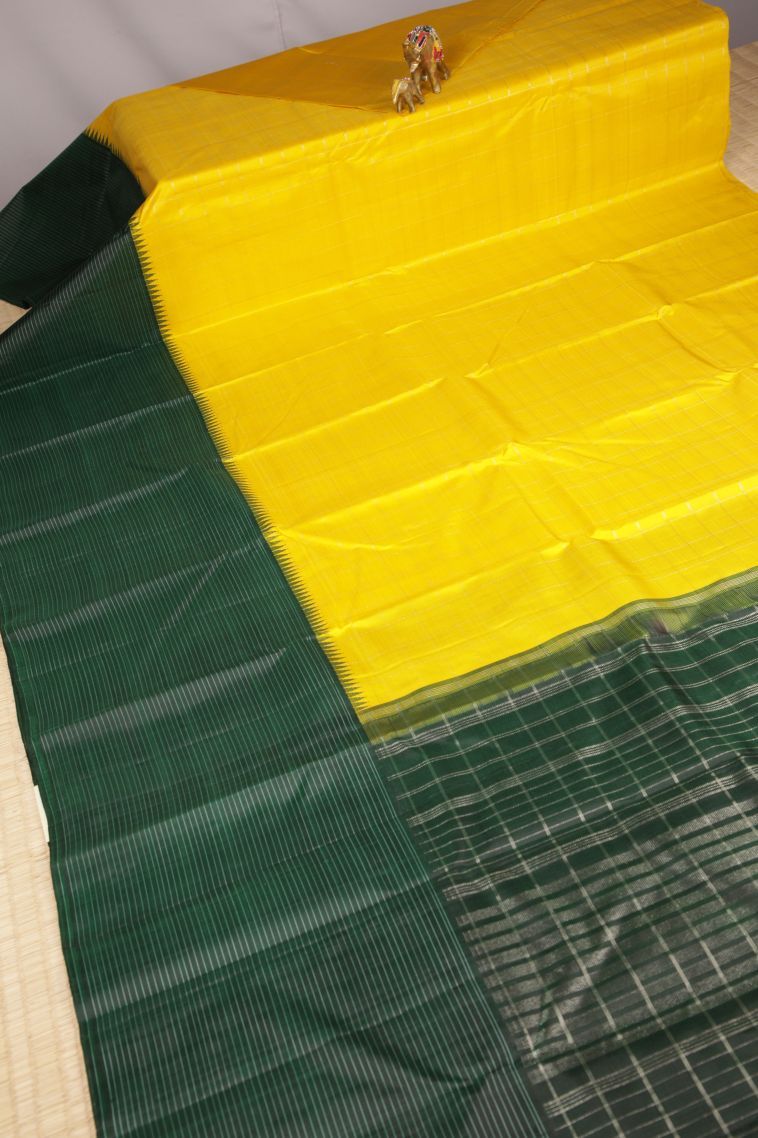 Lemon Yellow Kanchipuram Silk Sarees with Without Zari Zari Checks view 2