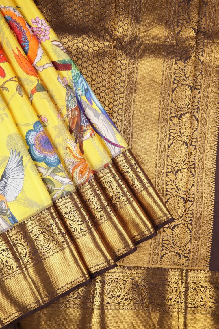 Lemon Yellow Kanchipuram Silk Sarees with Without Zari Zari Floral Patterns view 1