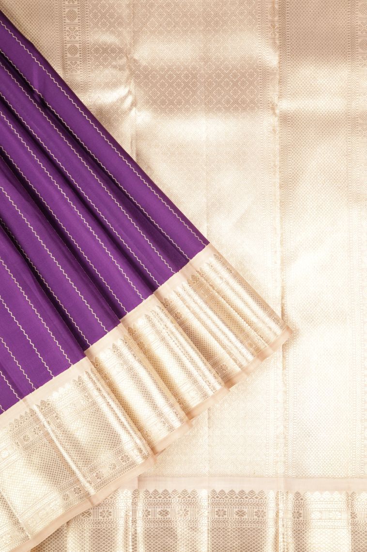 Bosenberry Purple Kanchipuram Silk Sarees with Silver Zari Stripes view 1