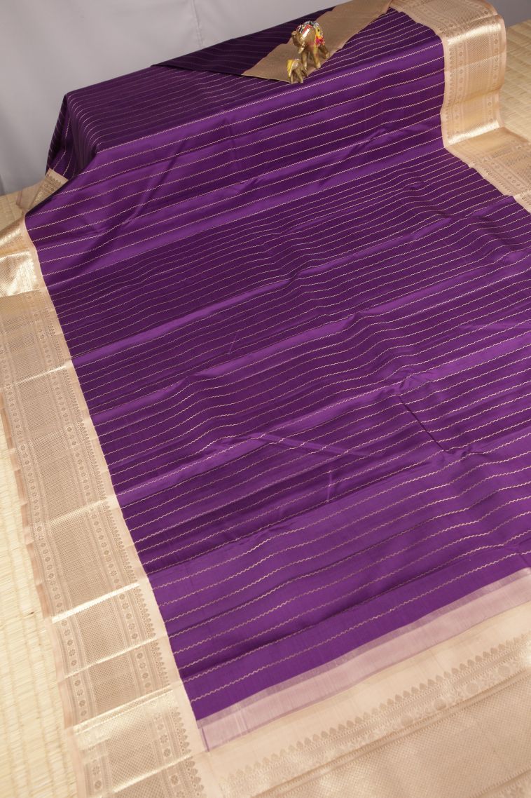 Bosenberry Purple Kanchipuram Silk Sarees with Silver Zari Stripes view 2