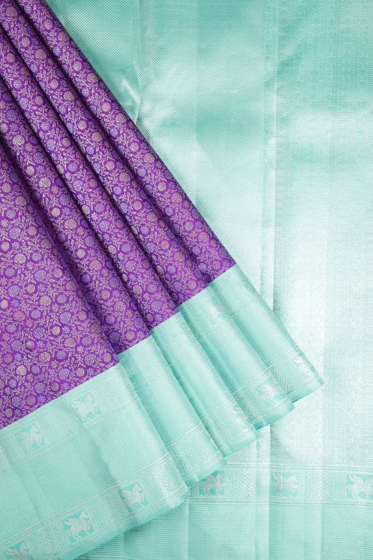 Wine Purple Kanchipuram Silk Sarees with Gold Zari Floral Patterns view 1