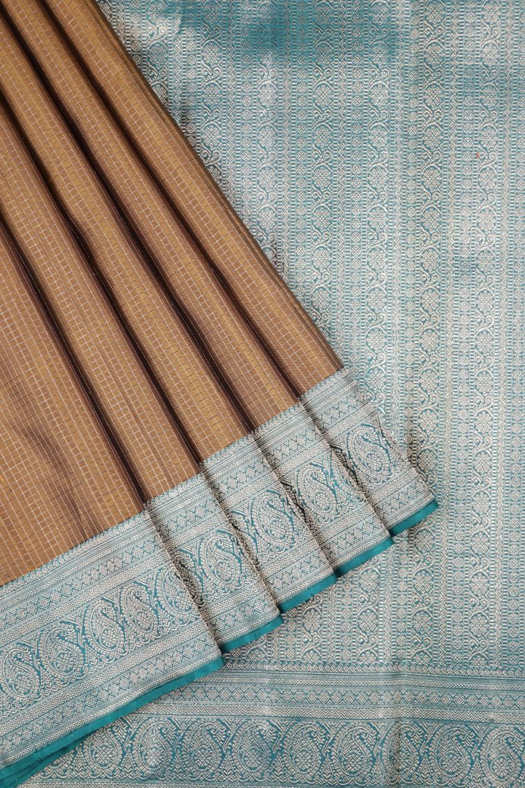 Olive Green Kanchipuram Silk Sarees with Gold Zari Checks view 1